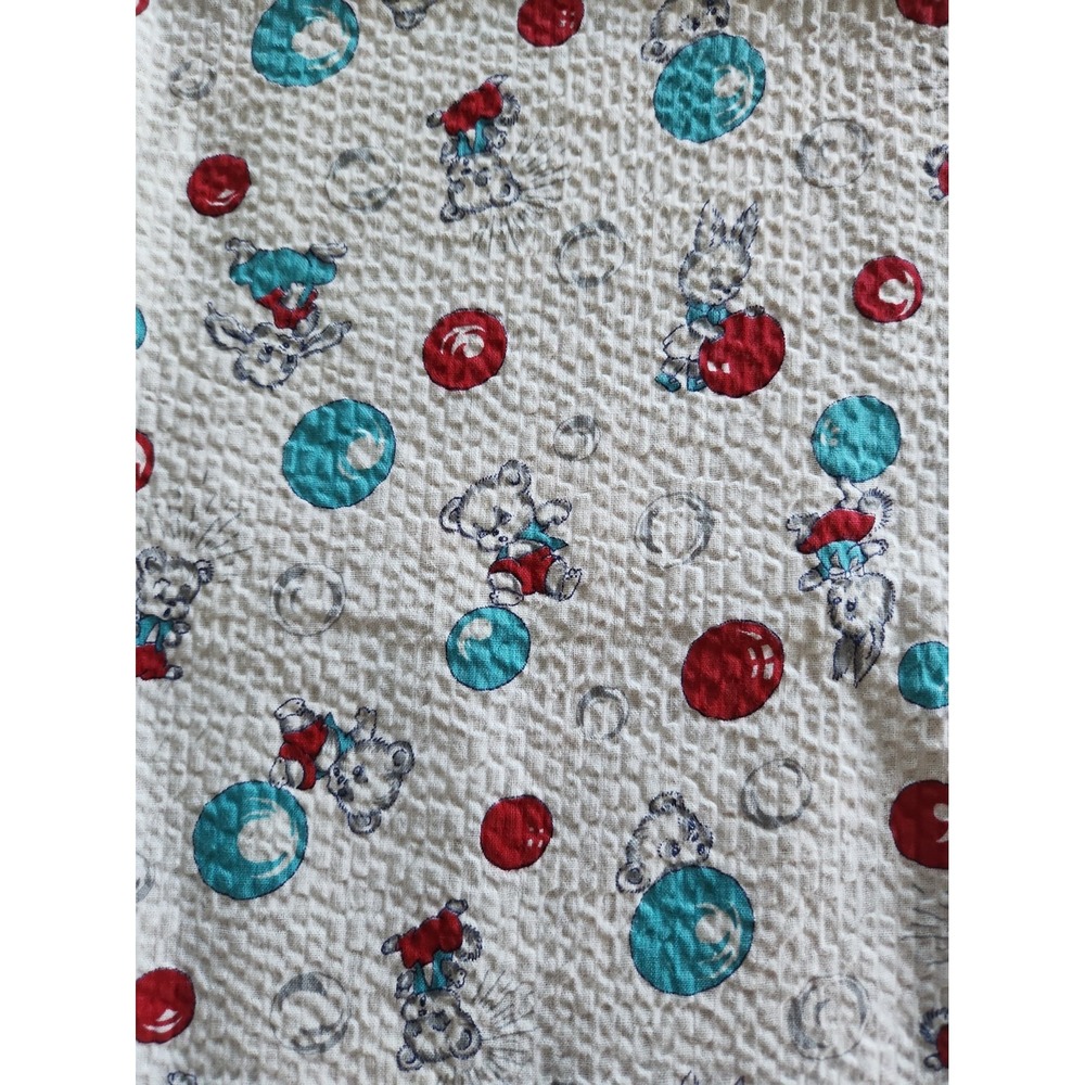 1 yd/ Vtg Novelty Seersucker Bears Bubbles Bunnies Balloons White Blue Teal Red